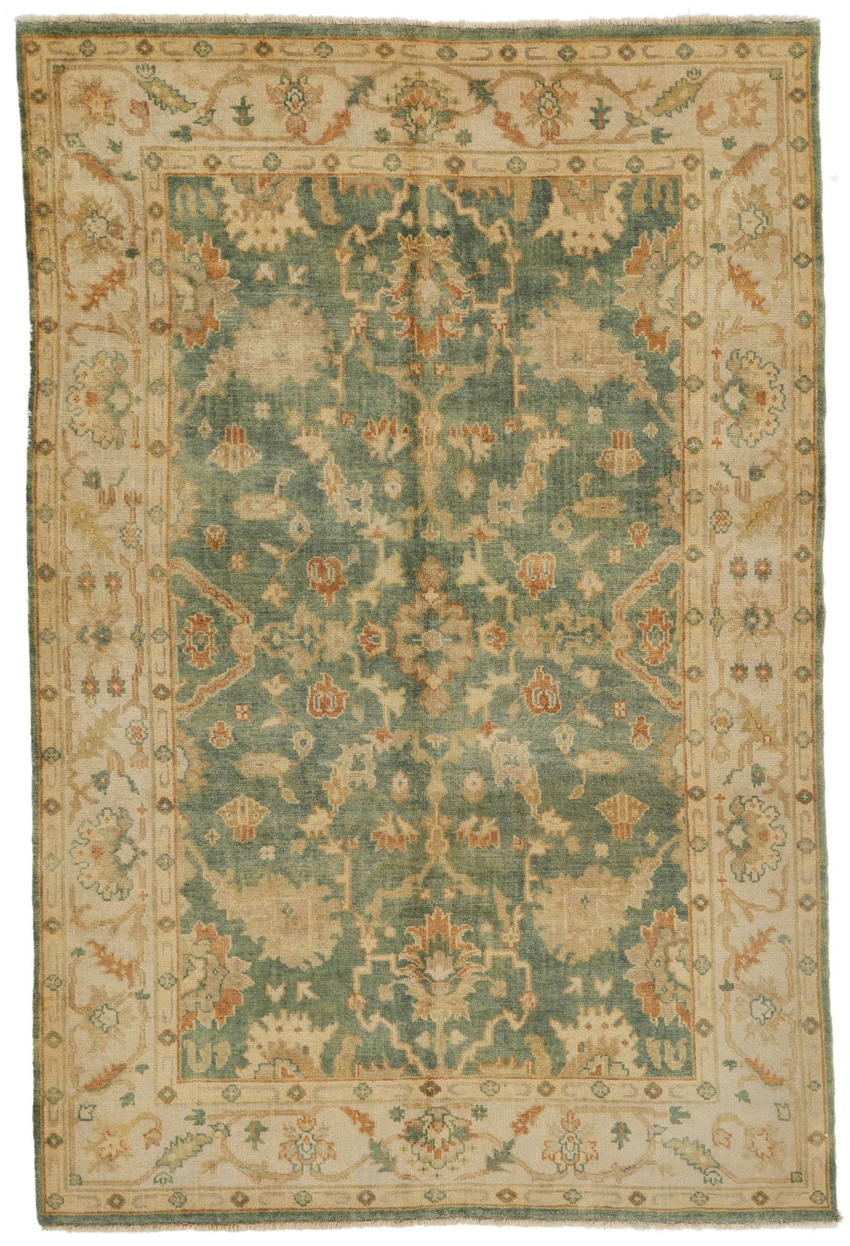 6x9 Green and Ivory Turkish Oushak Rug