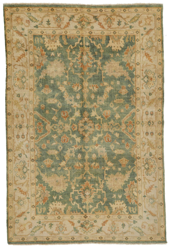 6x9 Green and Ivory Turkish Oushak Rug