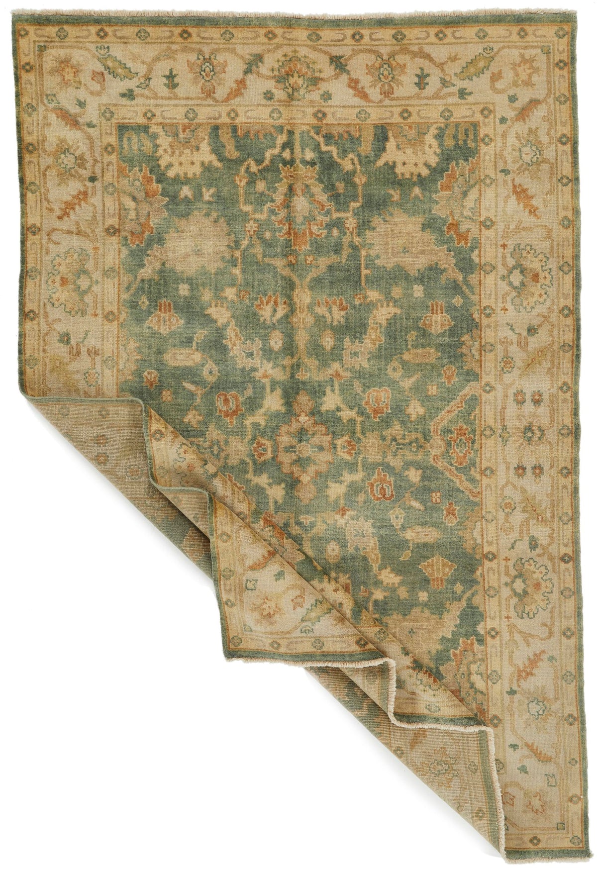 6x9 Green and Ivory Turkish Oushak Rug