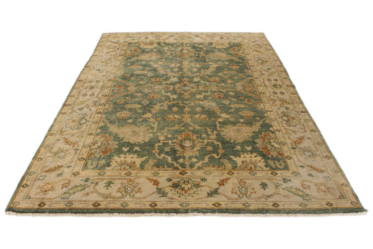 6x9 Green and Ivory Turkish Oushak Rug