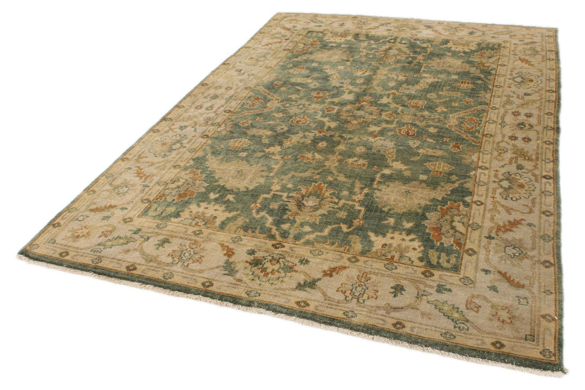 6x9 Green and Ivory Turkish Oushak Rug