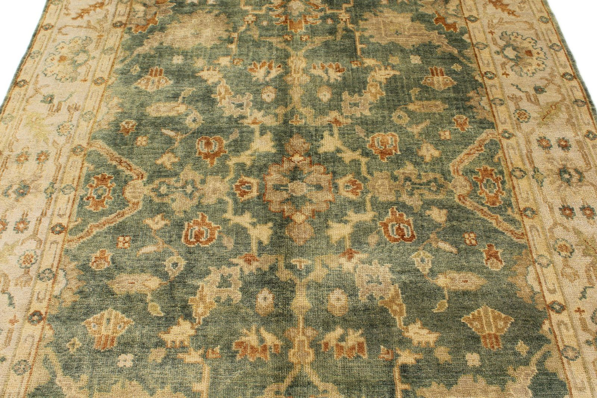 6x9 Green and Ivory Turkish Oushak Rug
