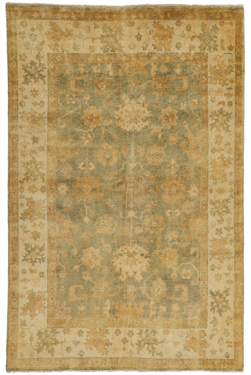 6x9 Green and Ivory Turkish Oushak Rug