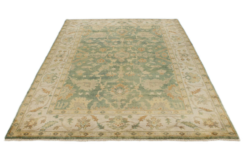 6x9 Green and Ivory Turkish Oushak Rug