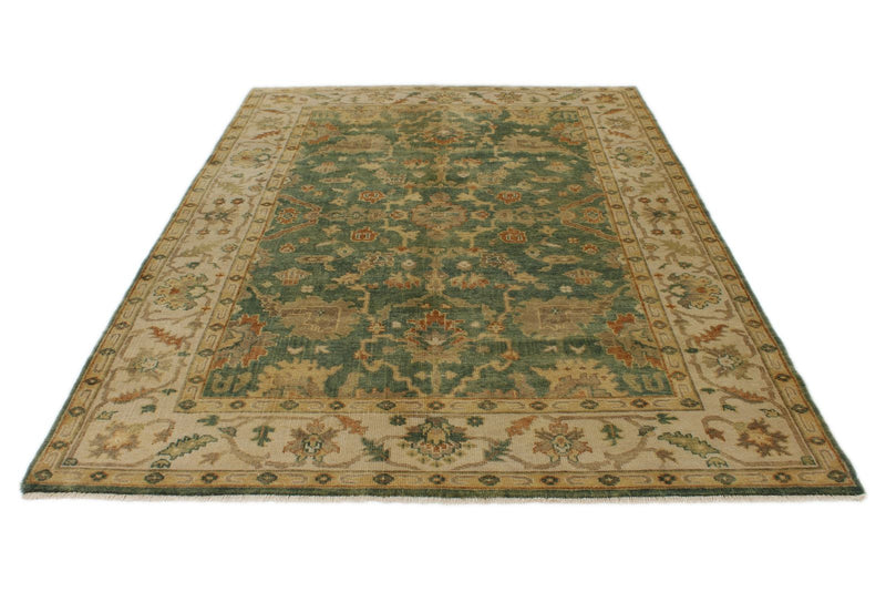 6x9 Green and Ivory Turkish Oushak Rug