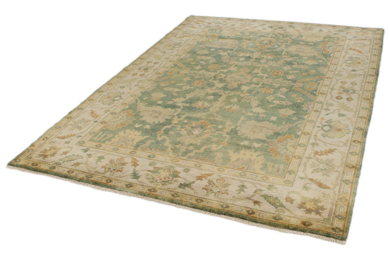 6x9 Green and Ivory Turkish Oushak Rug