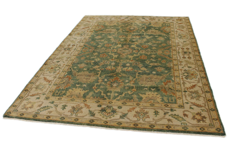6x9 Green and Ivory Turkish Oushak Rug