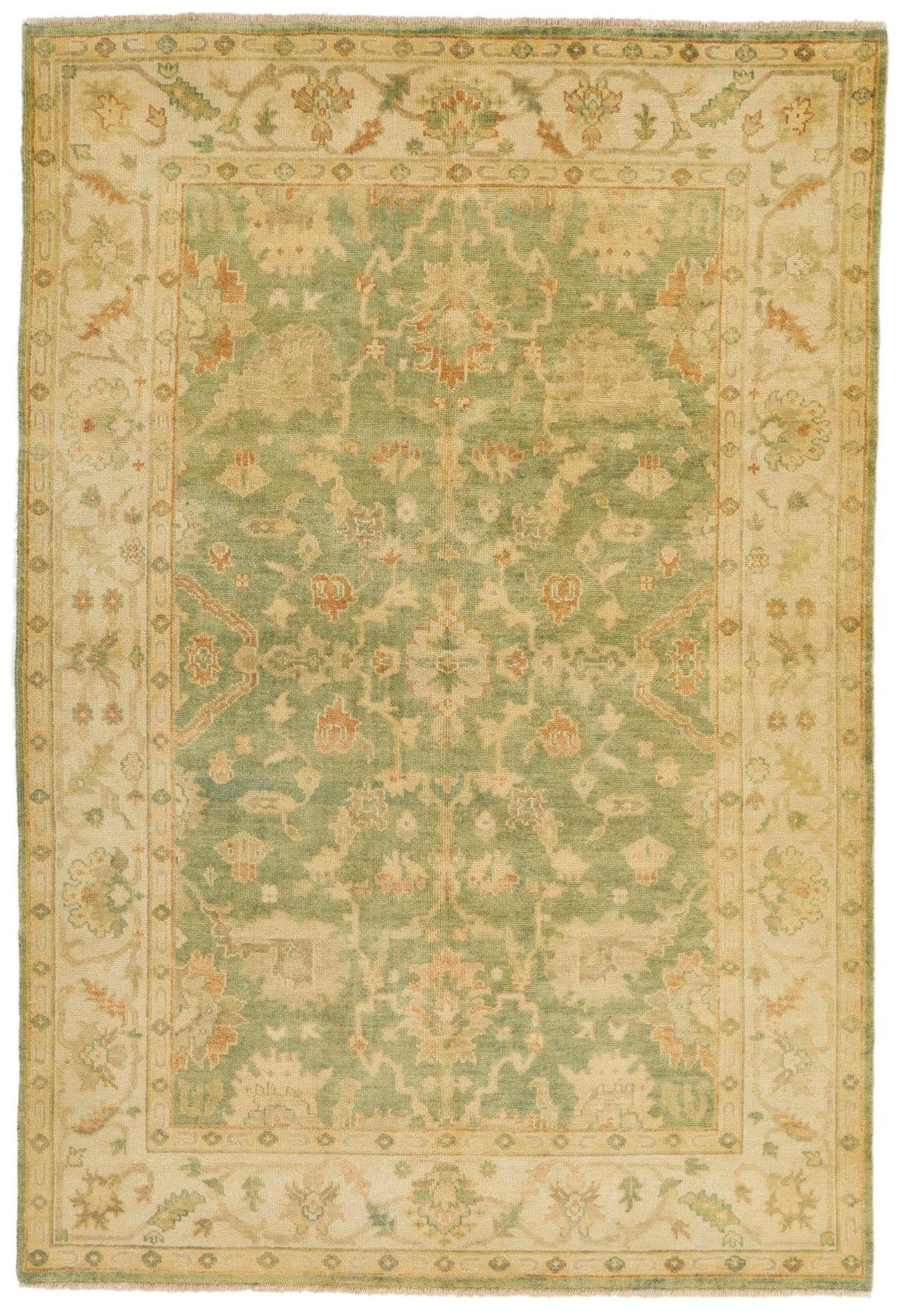 6x9 Green and Ivory Turkish Oushak Rug