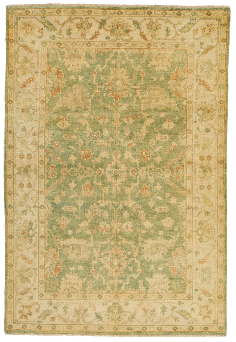 6x9 Green and Ivory Turkish Oushak Rug