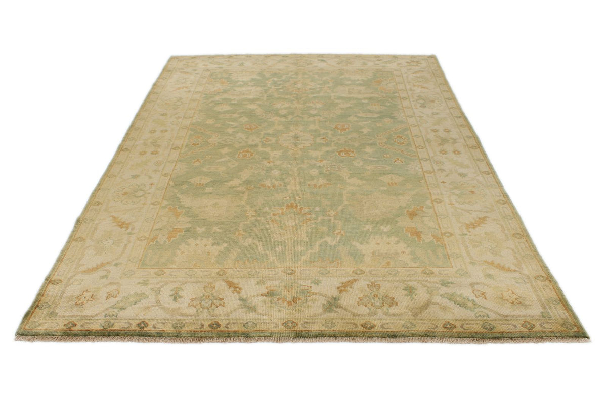 6x9 Green and Ivory Turkish Oushak Rug