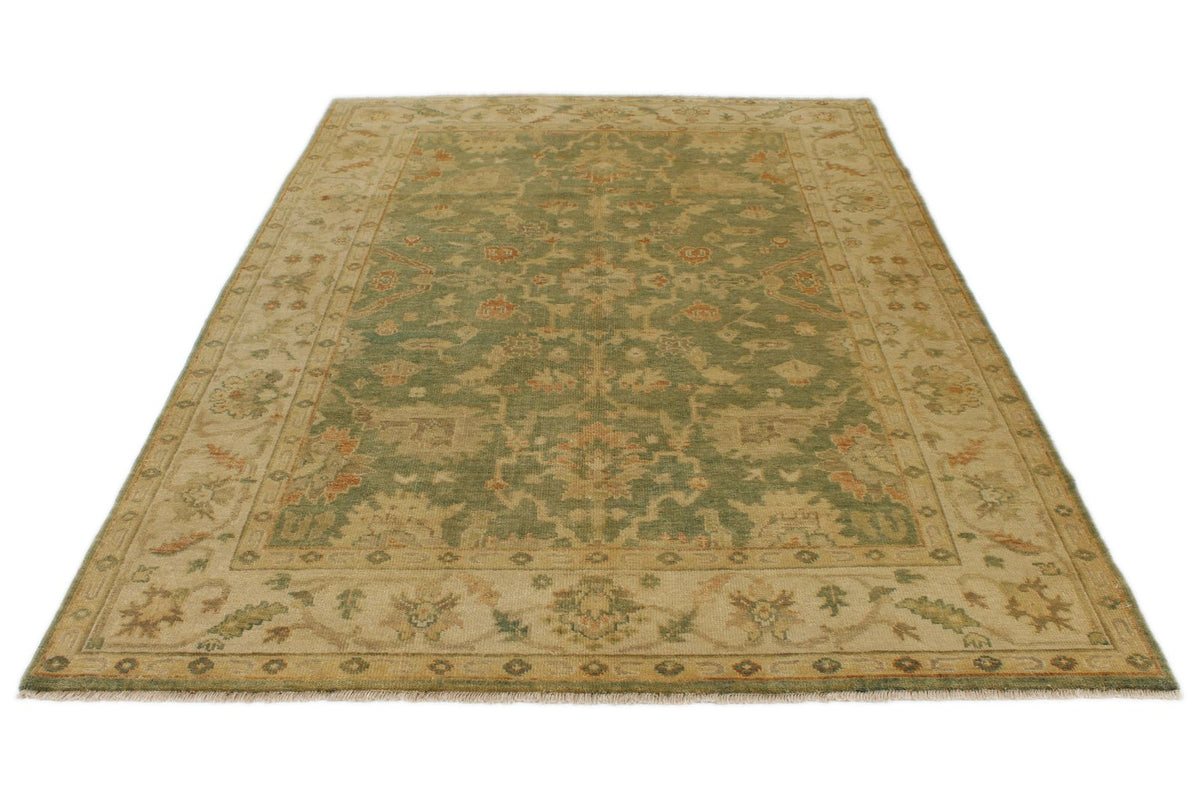 6x9 Green and Ivory Turkish Oushak Rug