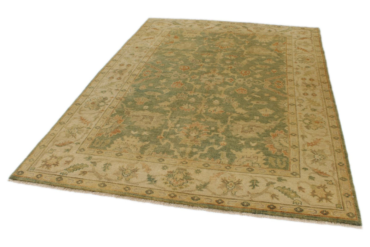 6x9 Green and Ivory Turkish Oushak Rug