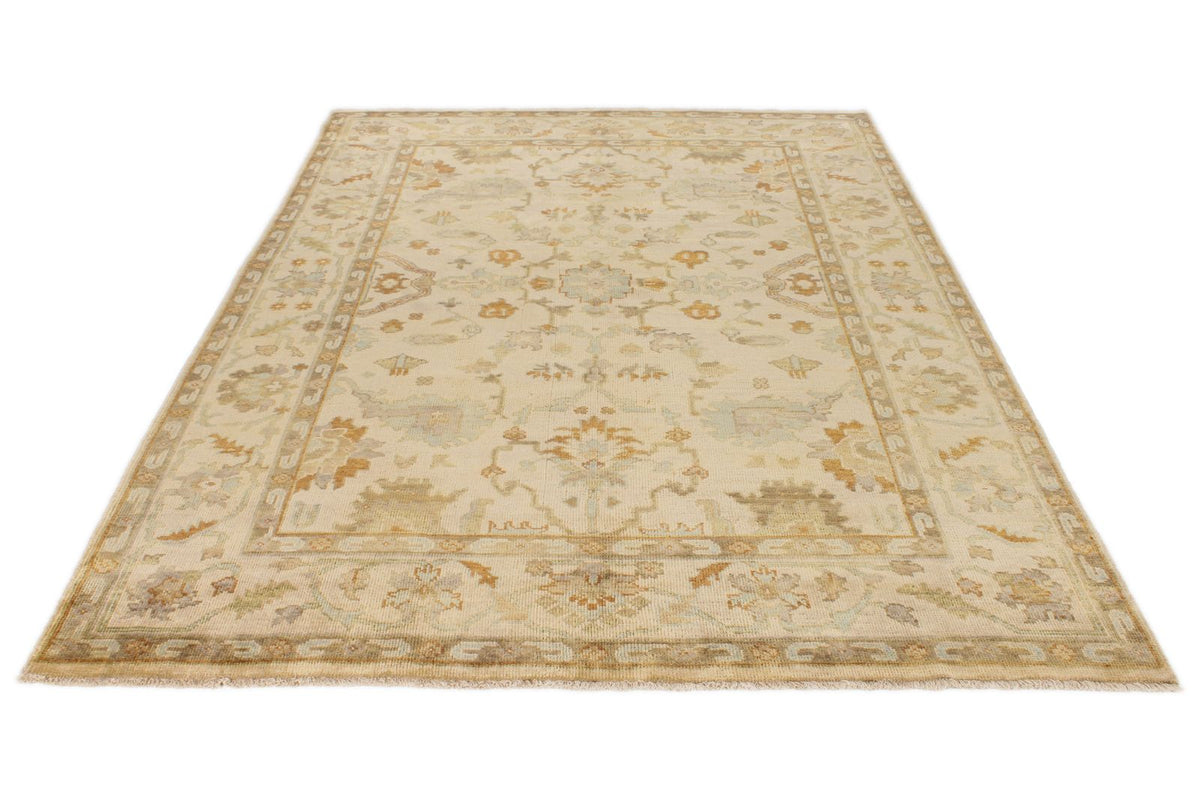6x9 Ivory and Beige Turkish Oushak Rug