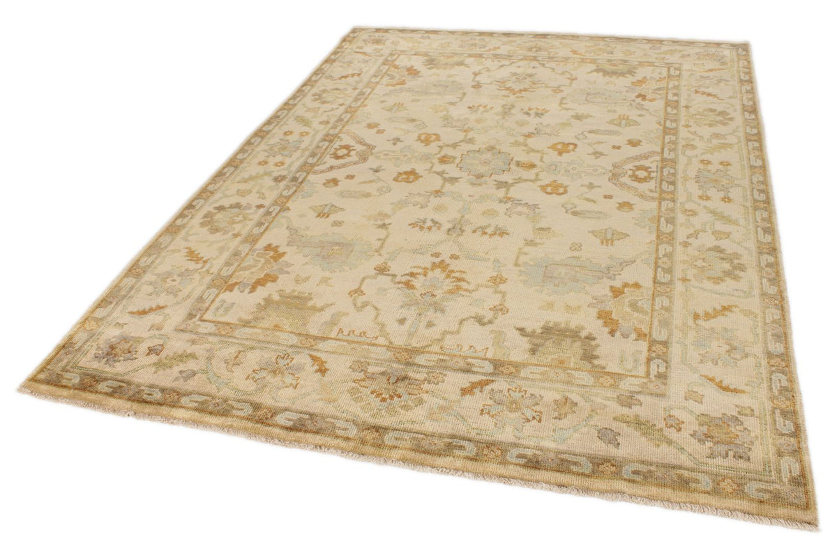 6x9 Ivory and Beige Turkish Oushak Rug