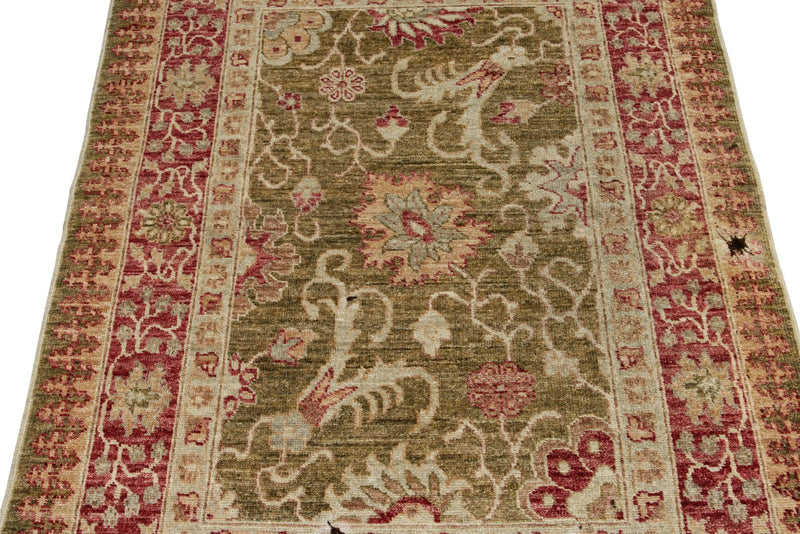 3x4 Green and Red Turkish Oushak Rug