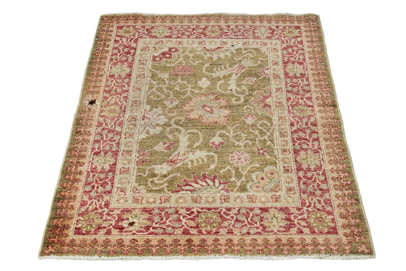 3x4 Green and Red Turkish Oushak Rug