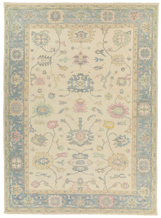 10x14 Ivory and Blue Turkish Oushak Rug
