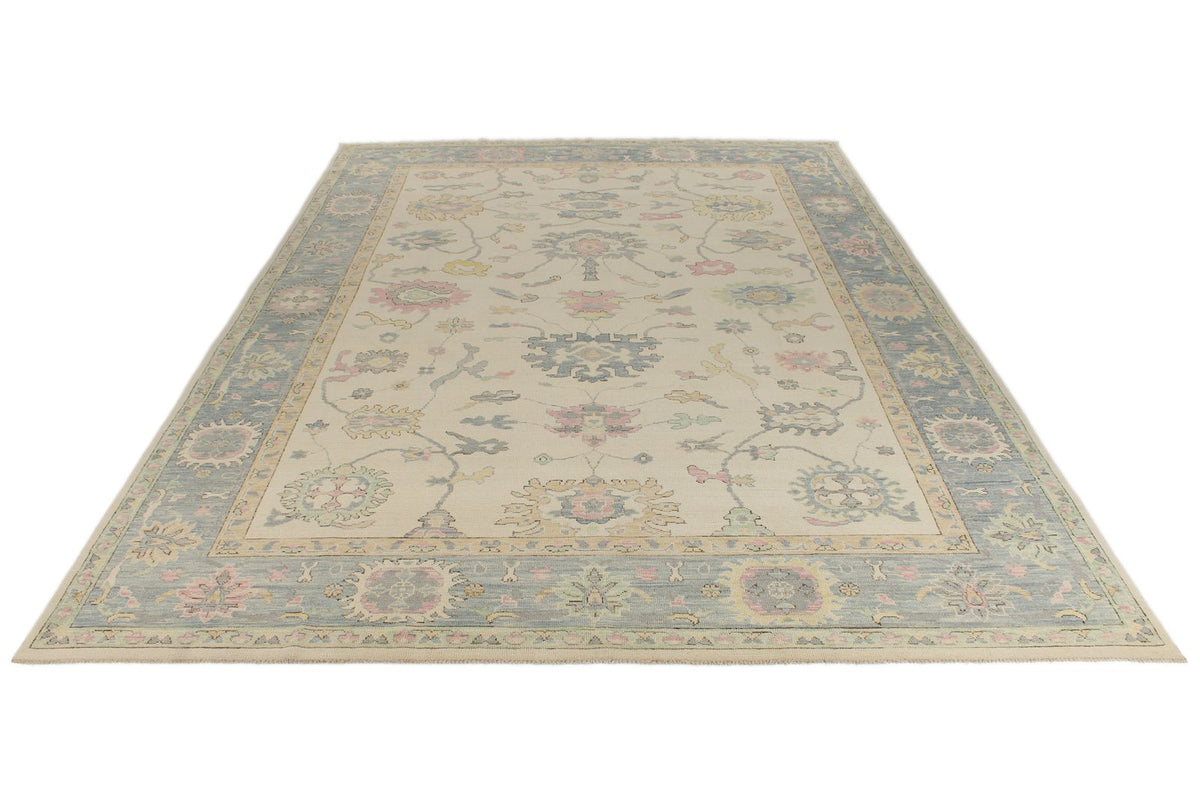 10x14 Ivory and Blue Turkish Oushak Rug