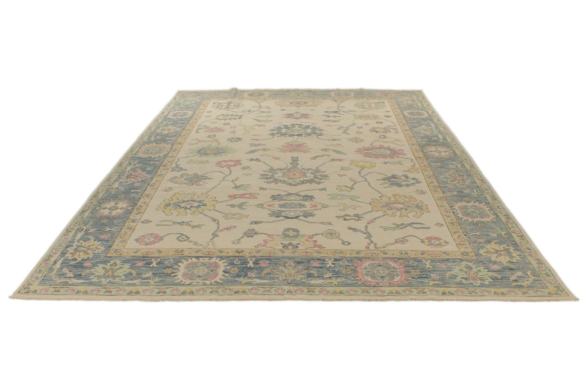 10x14 Ivory and Blue Turkish Oushak Rug