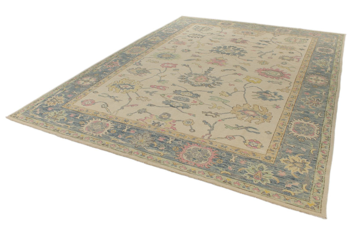 10x14 Ivory and Blue Turkish Oushak Rug