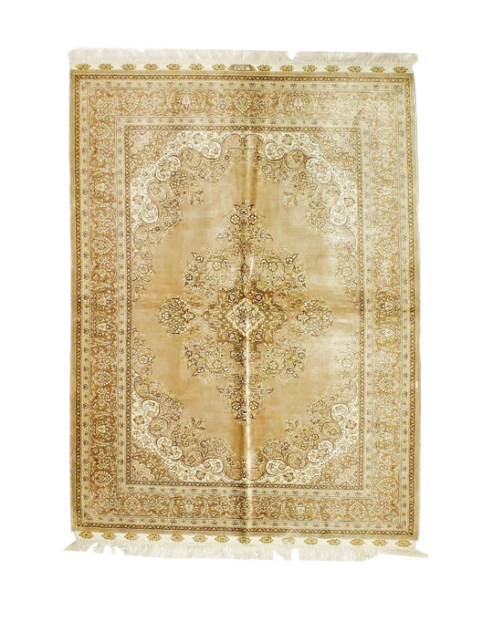 5x6 Beige and Brown Turkish Silk Rug