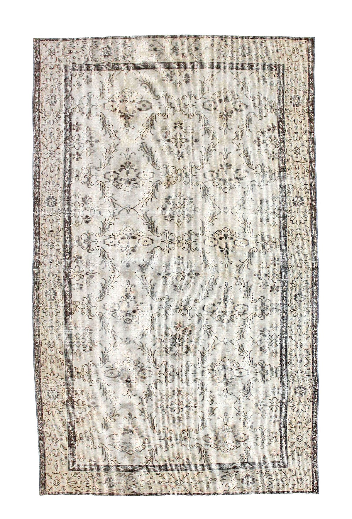 6x9 Ivory and Brown Anatolian Turkish Overdyed Distressed Area Rug