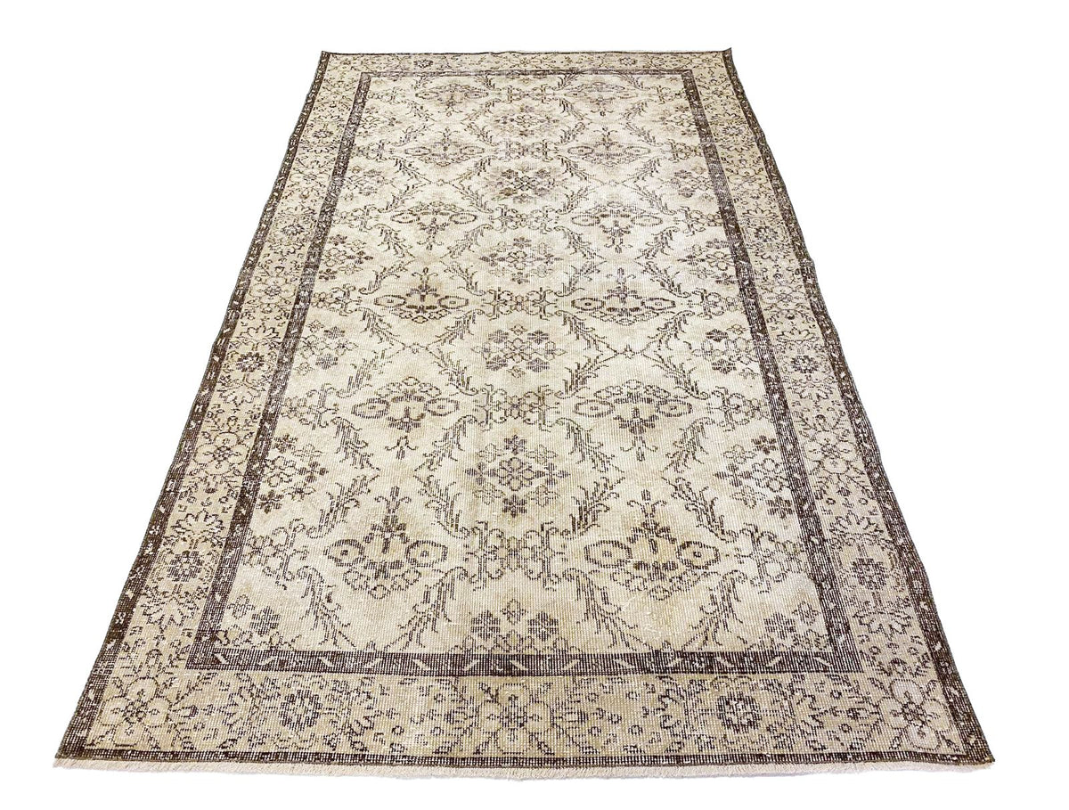 6x9 Ivory and Brown Anatolian Turkish Overdyed Distressed Area Rug