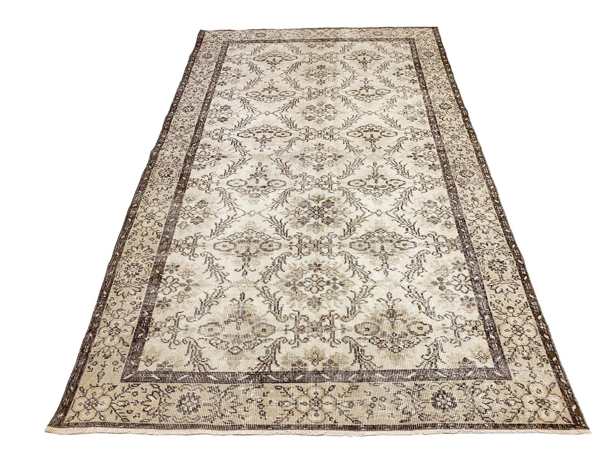 6x9 Ivory and Brown Anatolian Turkish Overdyed Distressed Area Rug