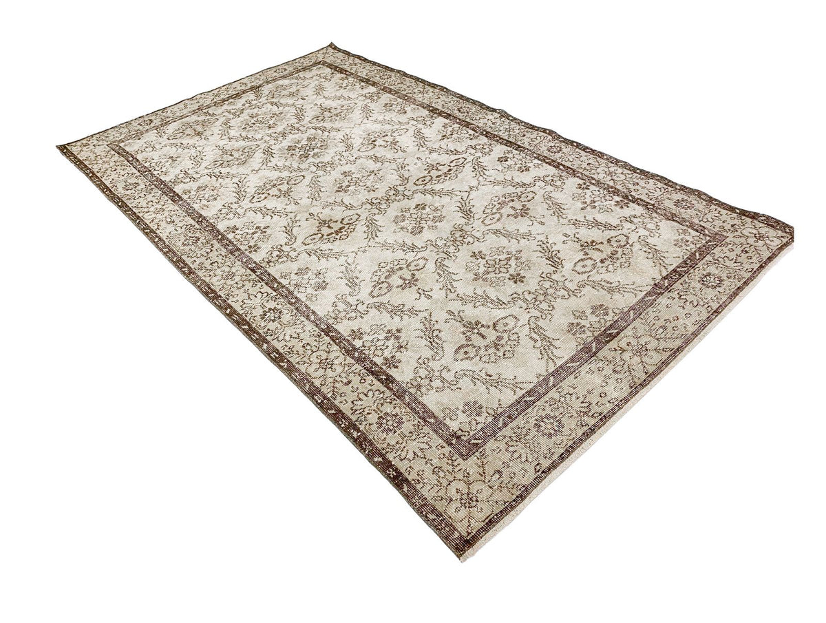 6x9 Ivory and Brown Anatolian Turkish Overdyed Distressed Area Rug
