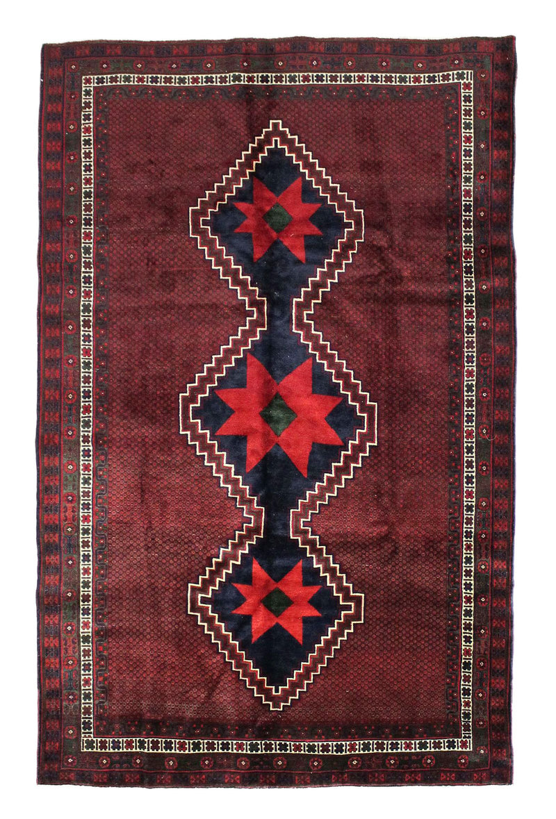 Vintage Handmade 7x10 Red and Navy Anatolian Turkish Tribal Distressed Area Rug