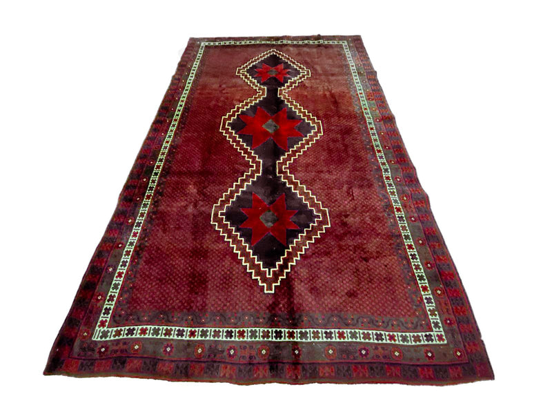 Vintage Handmade 7x10 Red and Navy Anatolian Turkish Tribal Distressed Area Rug