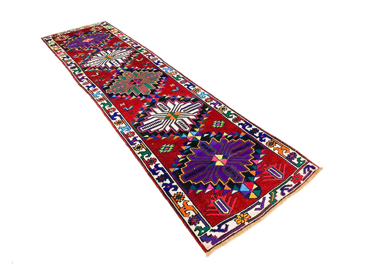 Vintage Handmade 3x15 Purple and White Anatolian Turkish Tribal Distressed Area Runner