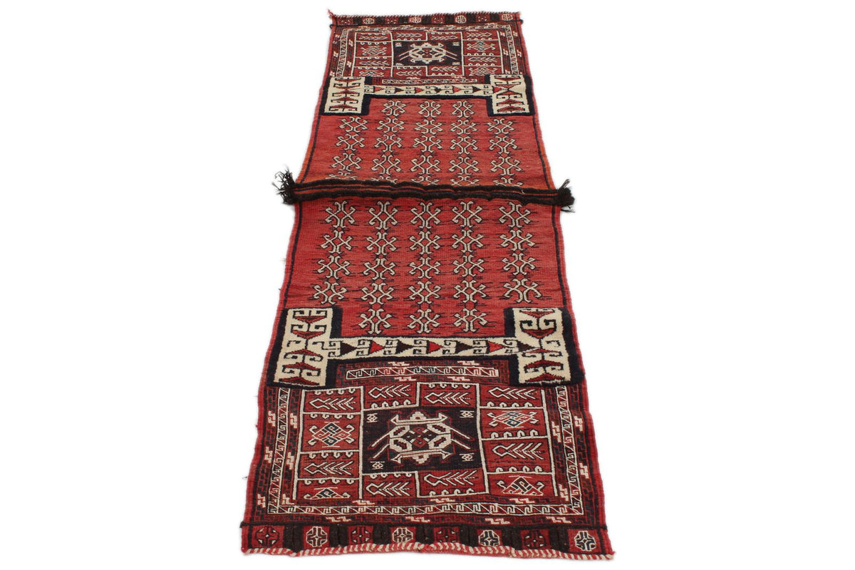 Vintage Handmade 2x7 Red And Ivory Anatolian Caucasian Tribal Distressed Area Rug