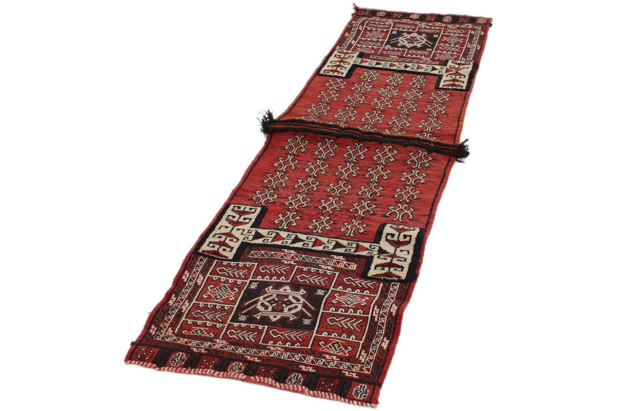 Vintage Handmade 2x7 Red And Ivory Anatolian Caucasian Tribal Distressed Area Rug
