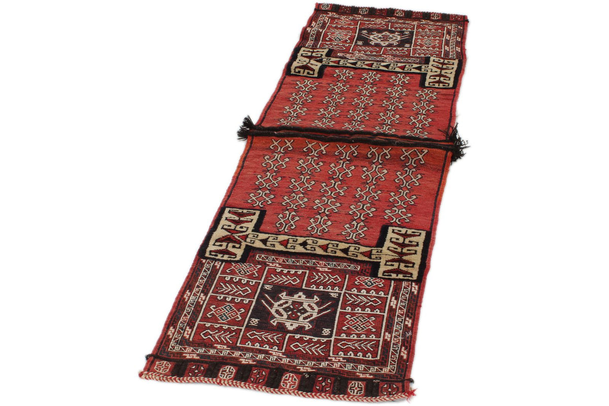 Vintage Handmade 2x7 Red And Ivory Anatolian Caucasian Tribal Distressed Area Rug