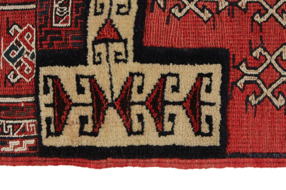 Vintage Handmade 2x7 Red And Ivory Anatolian Caucasian Tribal Distressed Area Rug
