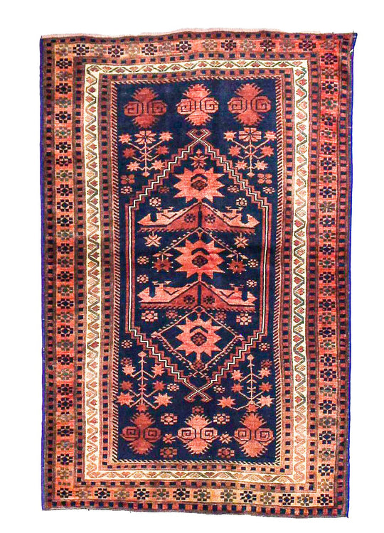 Vintage Handmade 3x5 Navy and Beige Anatolian Turkish Tribal Distressed Area Rug