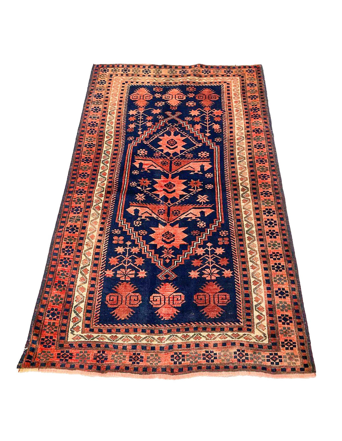 Vintage Handmade 3x5 Navy and Beige Anatolian Turkish Tribal Distressed Area Rug