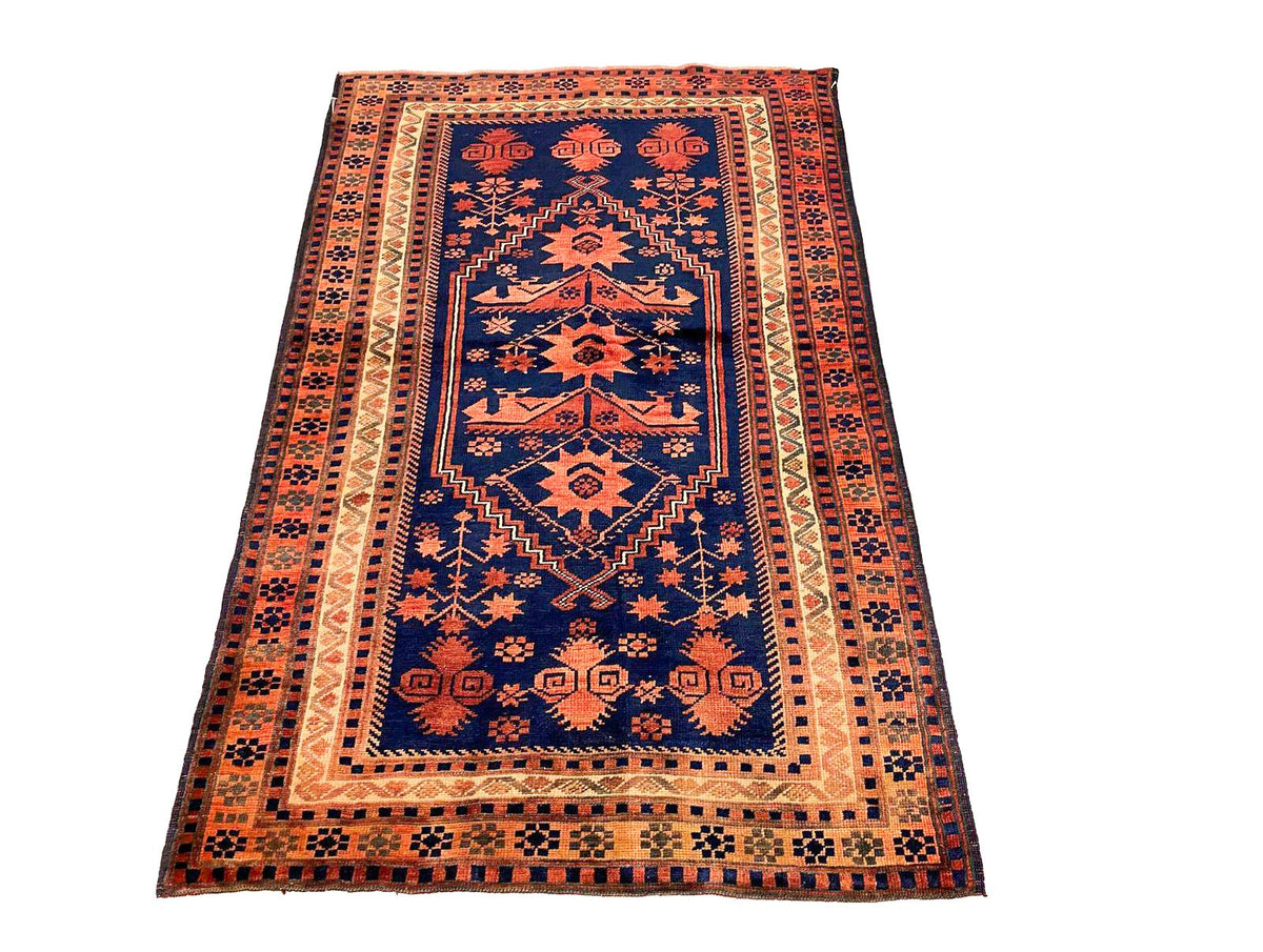 Vintage Handmade 3x5 Navy and Beige Anatolian Turkish Tribal Distressed Area Rug