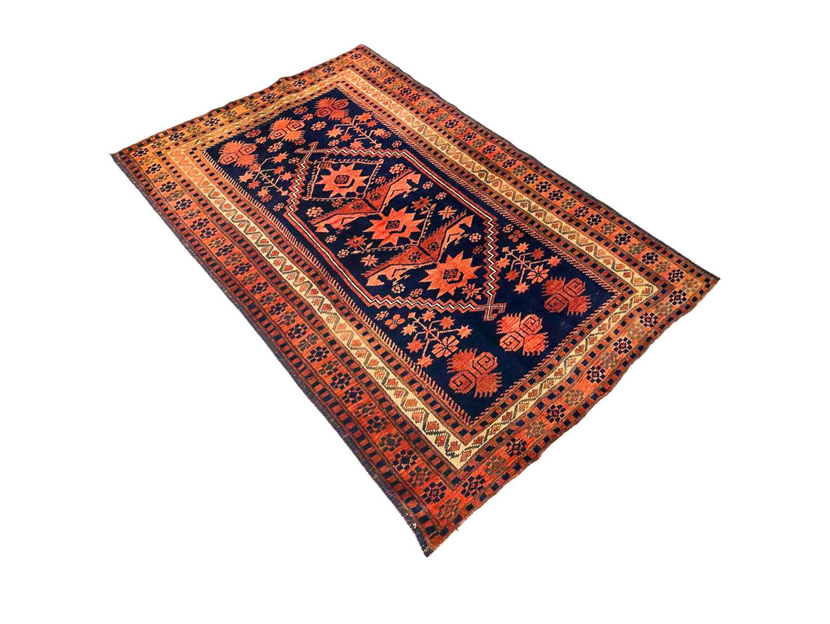 Vintage Handmade 3x5 Navy and Beige Anatolian Turkish Tribal Distressed Area Rug