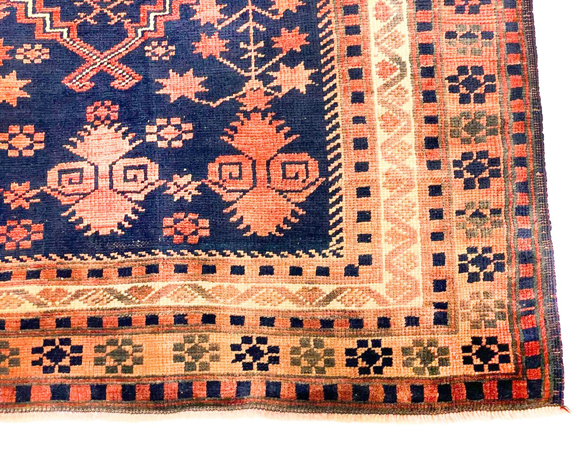 Vintage Handmade 3x5 Navy and Beige Anatolian Turkish Tribal Distressed Area Rug