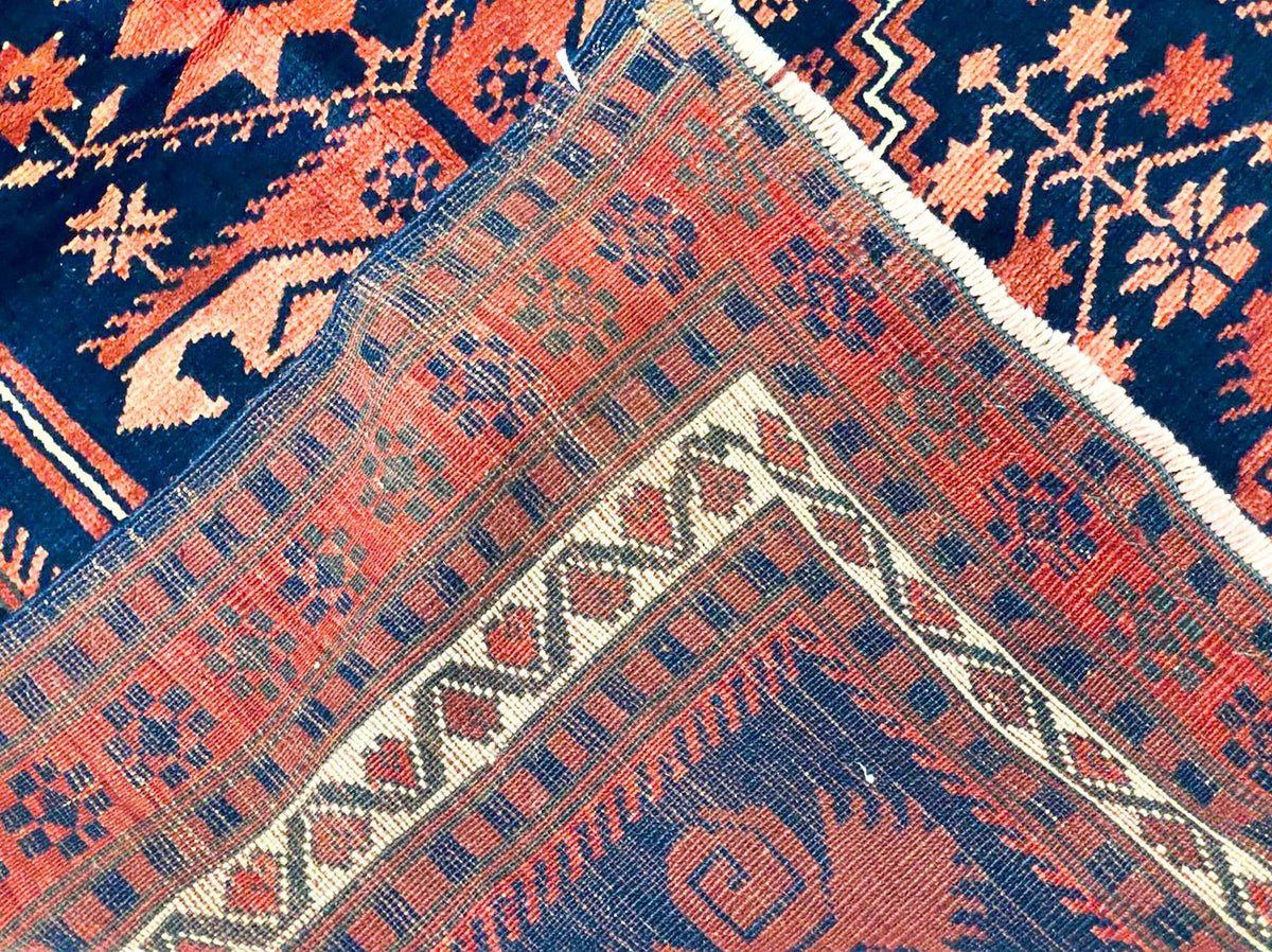Vintage Handmade 3x5 Navy and Beige Anatolian Turkish Tribal Distressed Area Rug