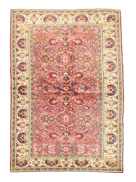 Vintage Handmade 5x7 Ivory and Pink Anatolian Turkish Tribal Distressed Area Rug