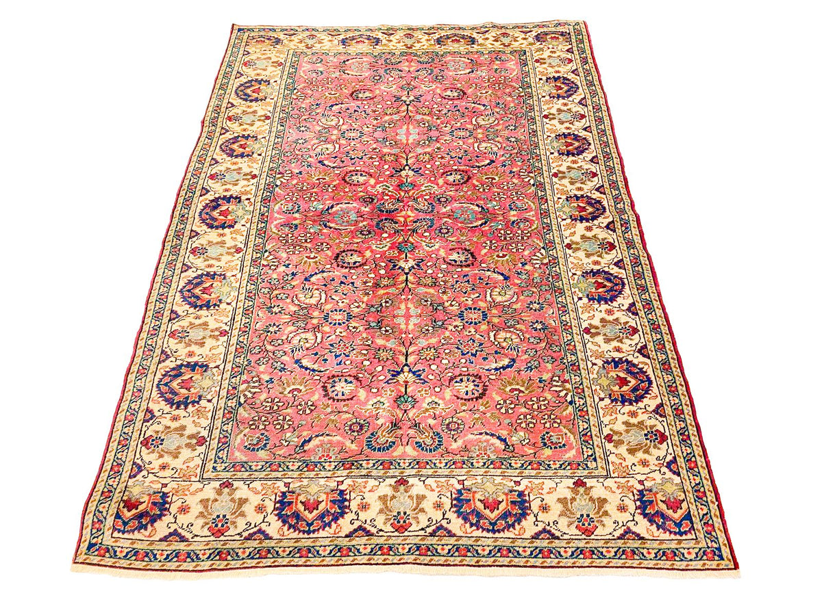 Vintage Handmade 5x7 Ivory and Pink Anatolian Turkish Tribal Distressed Area Rug