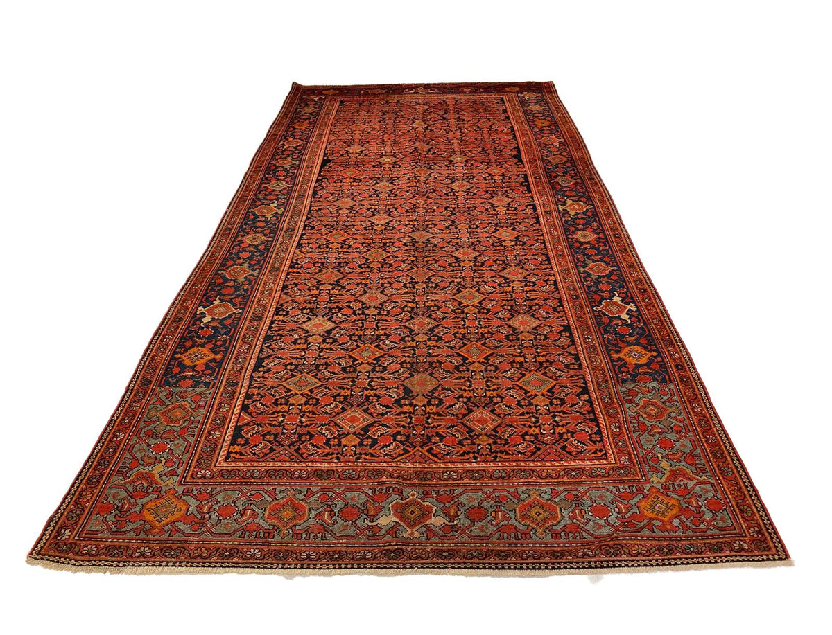 Vintage Handmade 7x13 Navy and Red Anatolian Turkish Oushak Distressed Area Rug