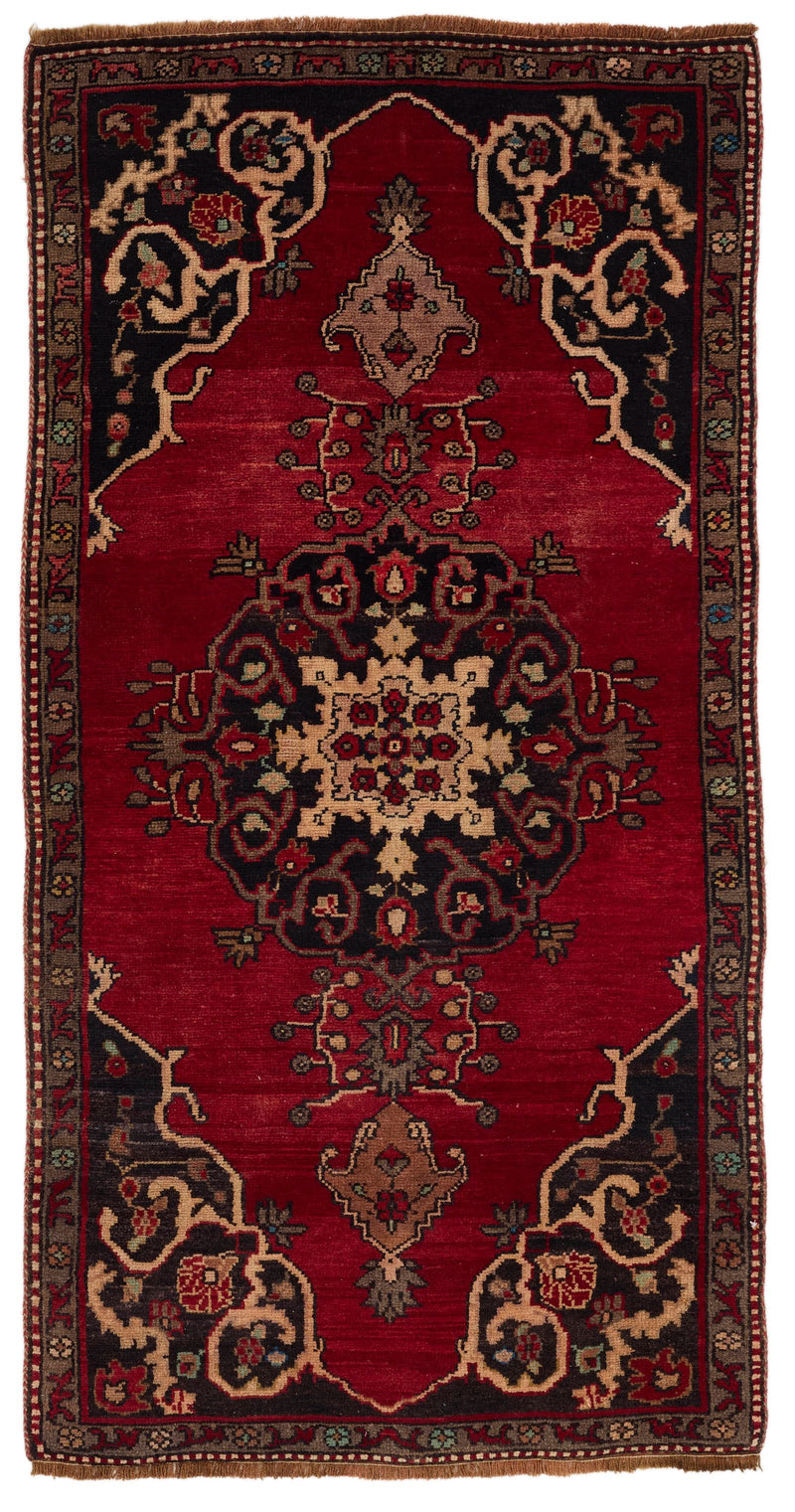 Vintage Handmade 3x6 Red and Brown Anatolian Turkish Tribal Distressed Area Rug