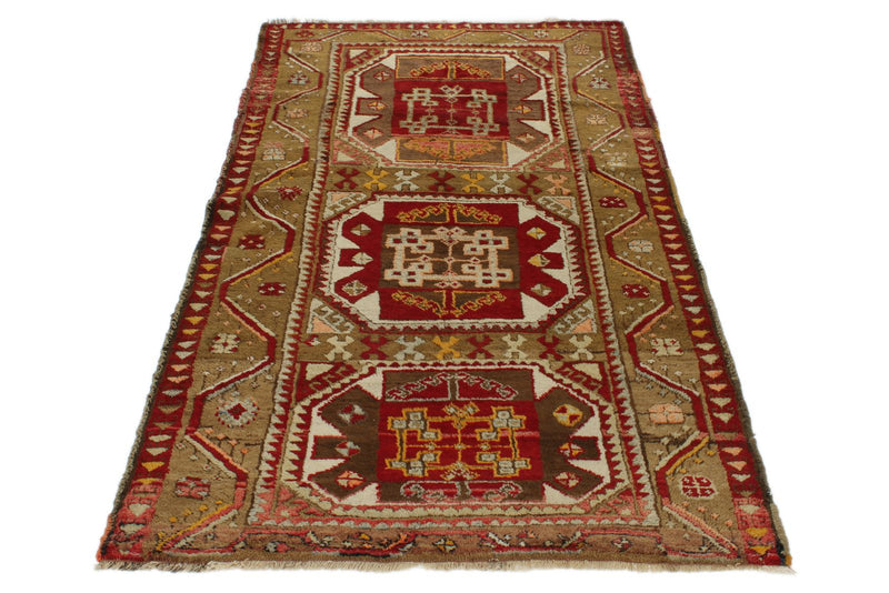4x7 Red and Olive Green Turkish Tribal Rug