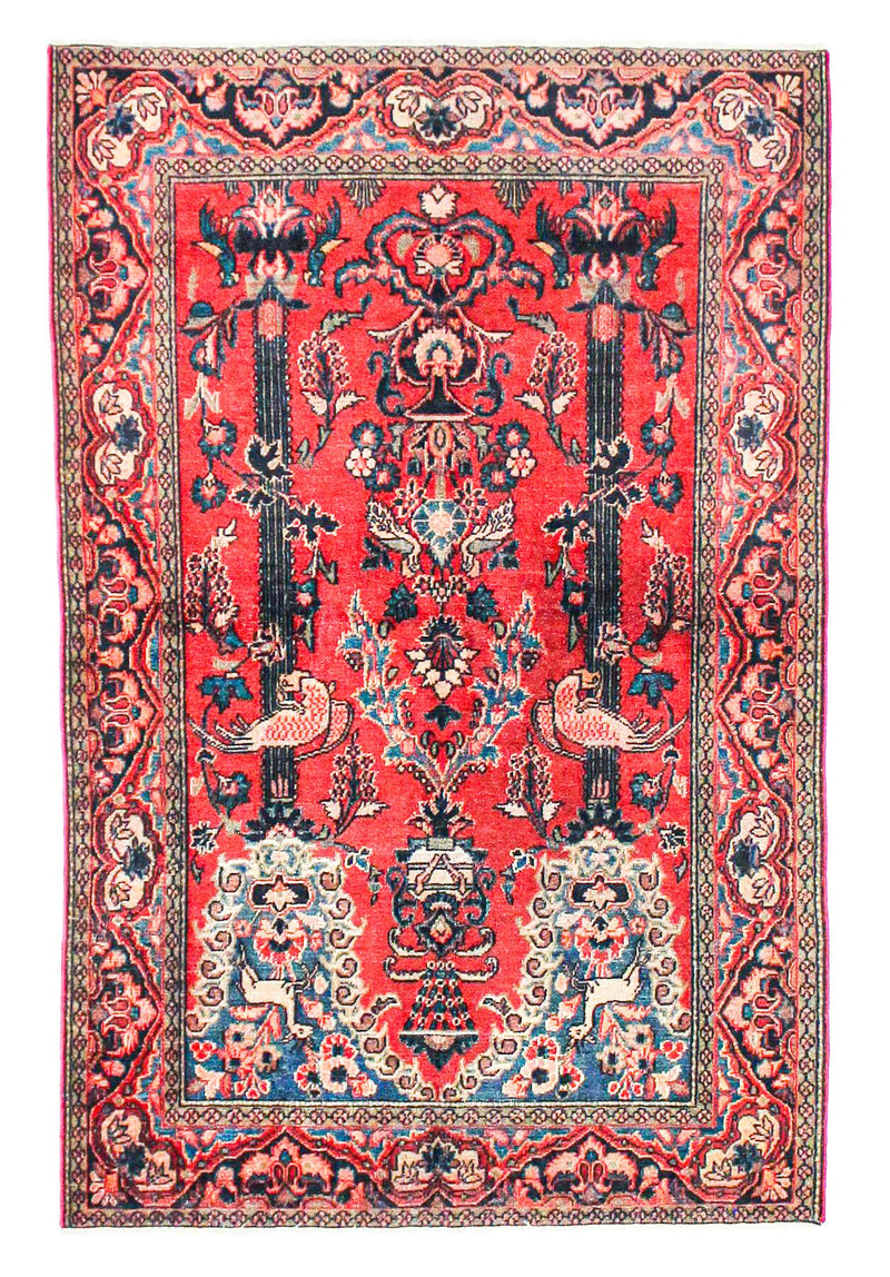 Vintage Handmade 4x6 Red and Navy Anatolian Caucasian Traditional Distressed Area Rug