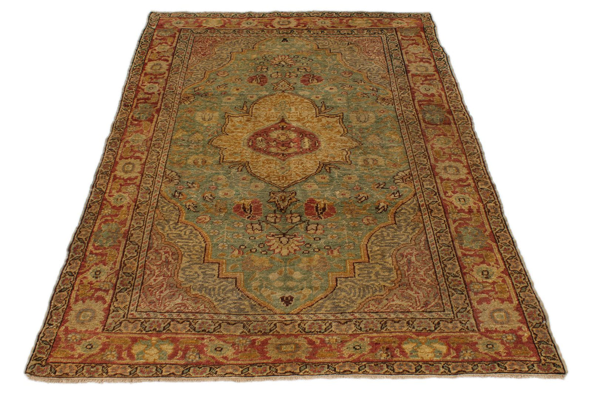 4x6 Green and Red Turkish Oushak Rug