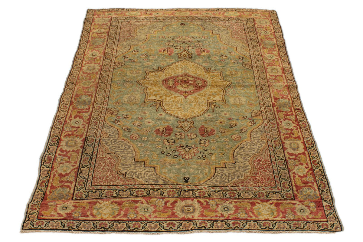 4x6 Green and Red Turkish Oushak Rug